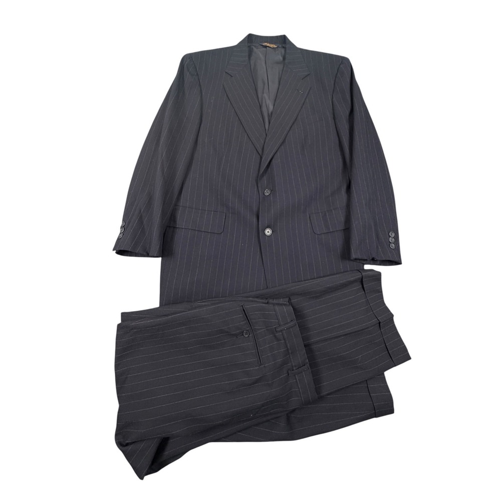 Brooks Brothers Makers Brooksease Mens Suit Pinstripe Wool Navy Blue 42R 36X29